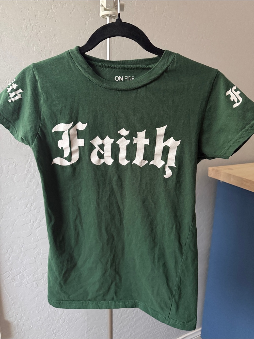 On Fire Dark Green Tee with White "Faith" Script